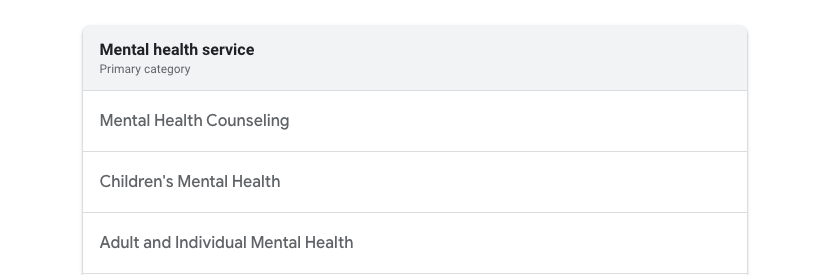 Image reads: Mental Health Service - Primary Category. Sub-categories: Mental Health Counseling, Children's Mental Health, and Adult and Individual Mental Health